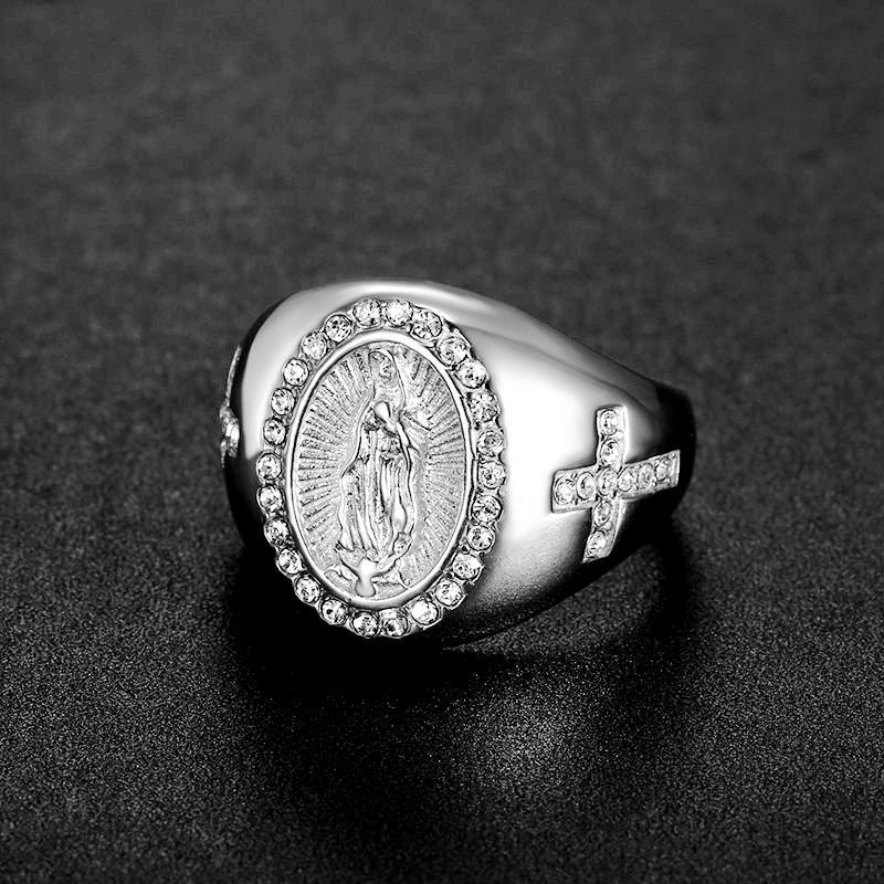 Men's Gold Plated Diamond Our Lady Of Guadalupe Ring - Image 2