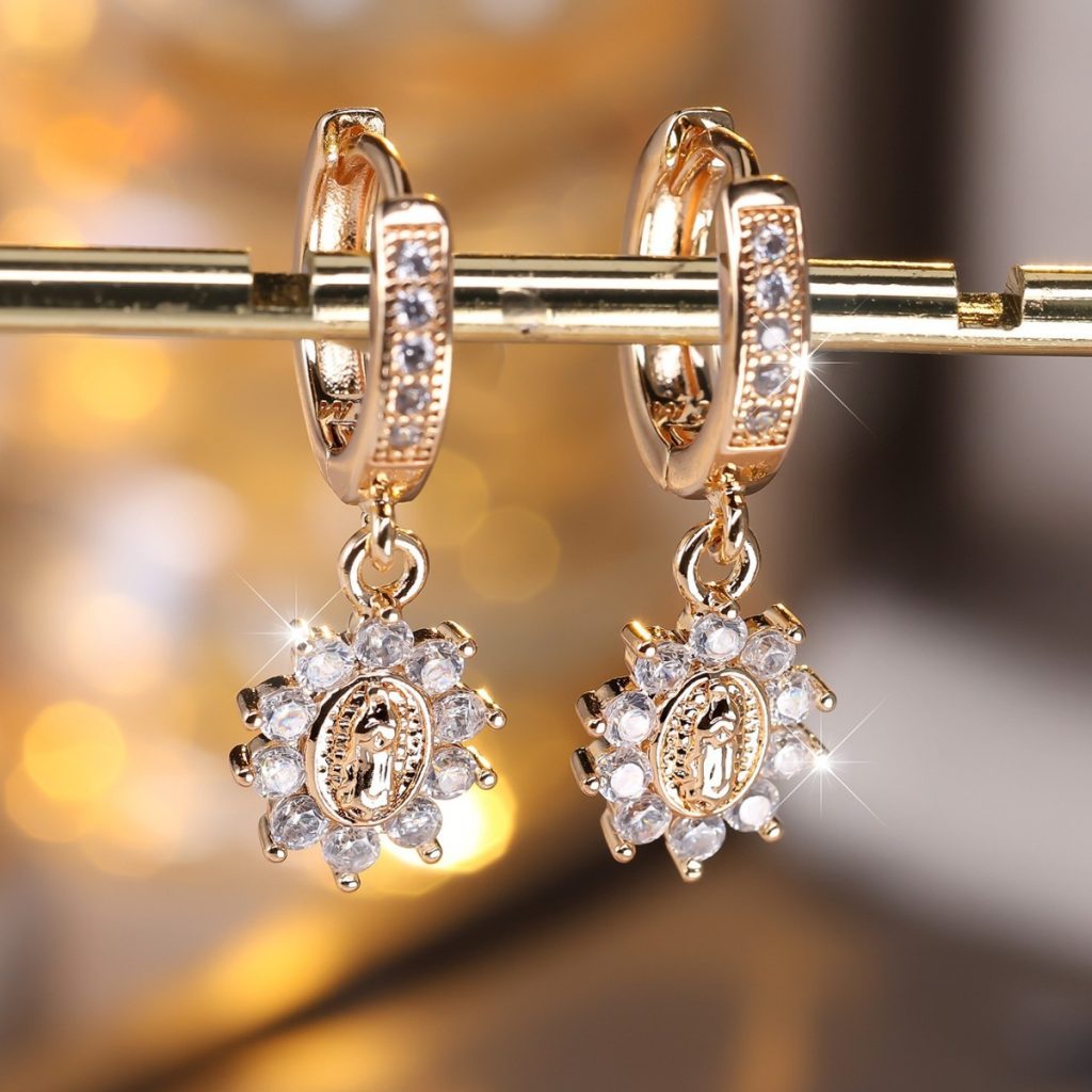 Our Lady of Guadalupe Crystal Halo Drop Earrings – Gold & Silver