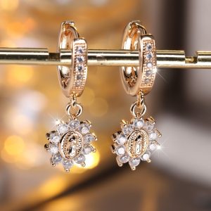 Our Lady of Guadalupe Crystal Halo Drop Earrings – Gold & Silver