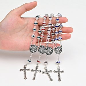 Catholic Miraculous Medal Rosary Bracelet with Crucifix – Silver-Tone Glass Beads