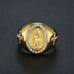 Men's Gold Plated Diamond Our Lady Of Guadalupe Ring
