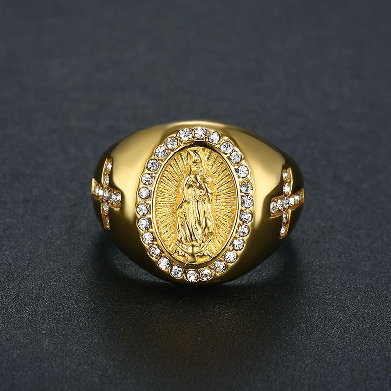 Men's Gold Plated Diamond Our Lady Of Guadalupe Ring