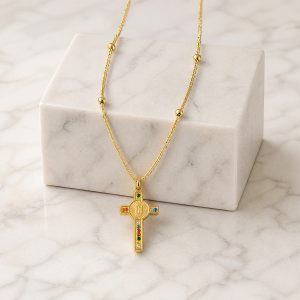 Gold Plated Stainless Steel Virgin Mary Cross Pendant with Colorful Rhinestone Beads