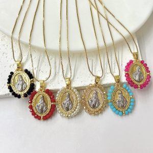 Our Lady of Graces Miraculous Medal Pendant with Beaded Border and Gold-Tone Chain