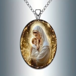 Madonna and Child Necklace – Blessed Virgin Mary & Baby Jesus Gold-Tone Oval Pendant