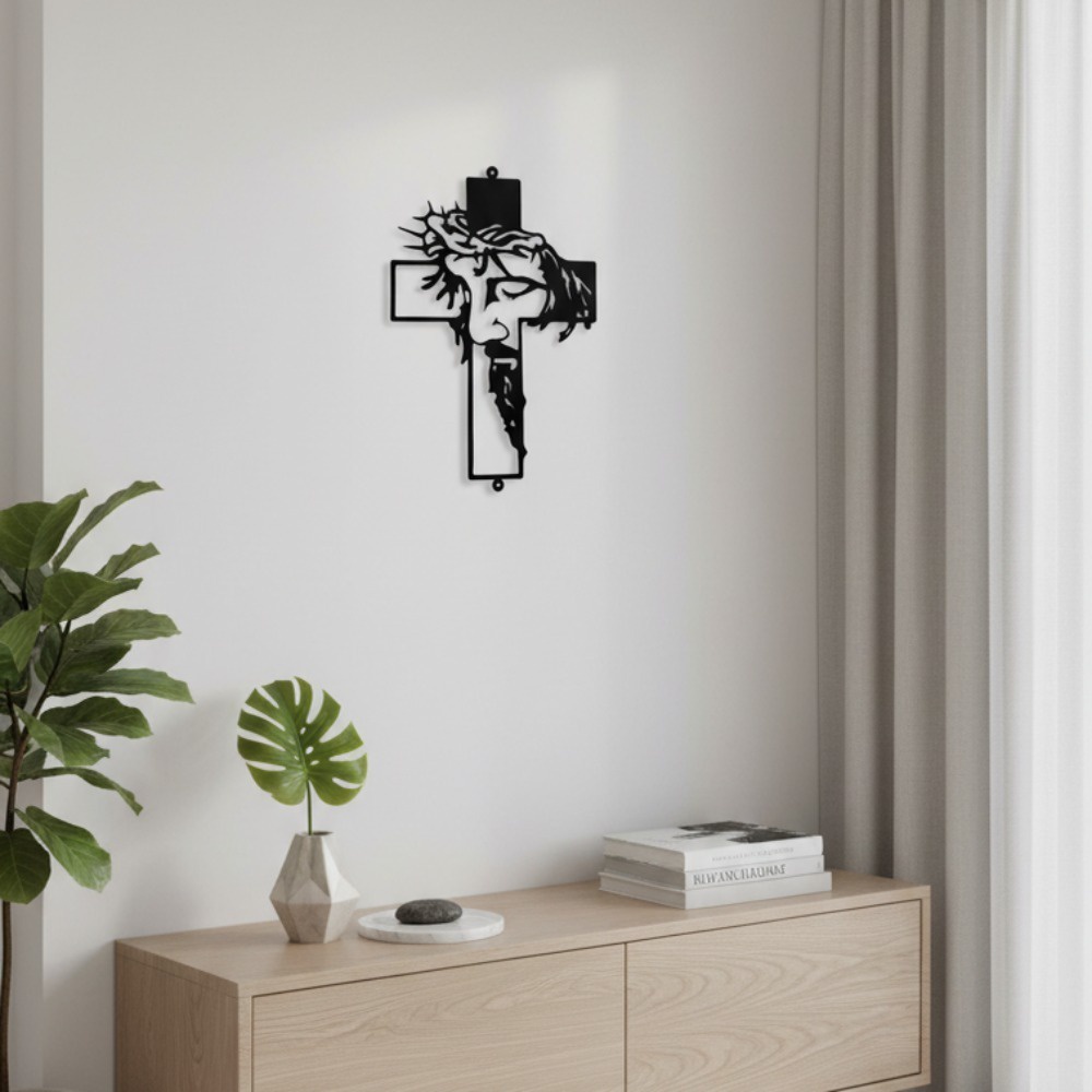 Jesus Christ Crown of Thorns – Black Metal Wall Cross - Image 3