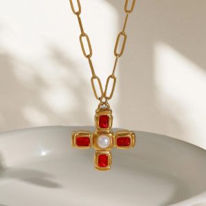 Red  Stone Cross  Pendant