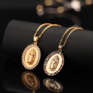 Our Lady of Guadalupe oval crystal-encrusted pendant with a gold-tone chain.