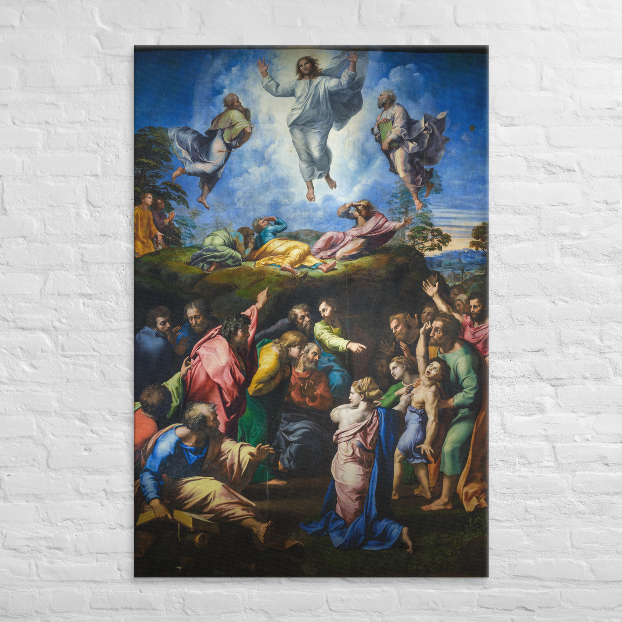 The Transfiguration by Raphael, showing Christ radiant in glory above Moses and Elijah, with the apostles and a distressed crowd below.