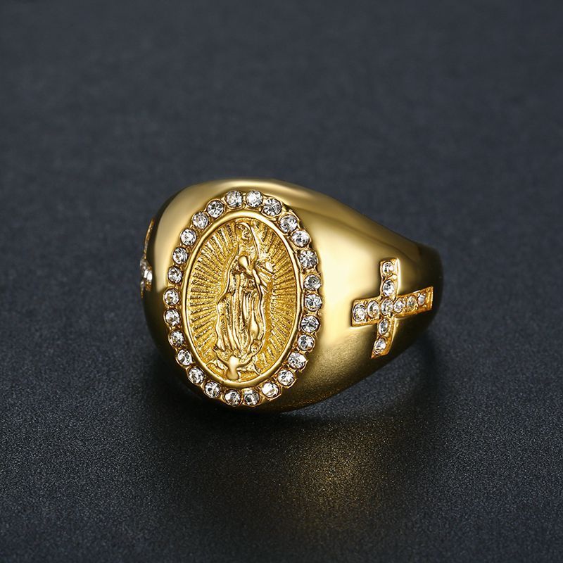 Men's Gold Plated Diamond Our Lady Of Guadalupe Ring - Image 5