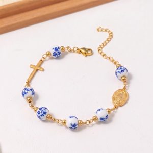 18 K Gold Plated Miraculous Medal Ceramic Bead Bracelet