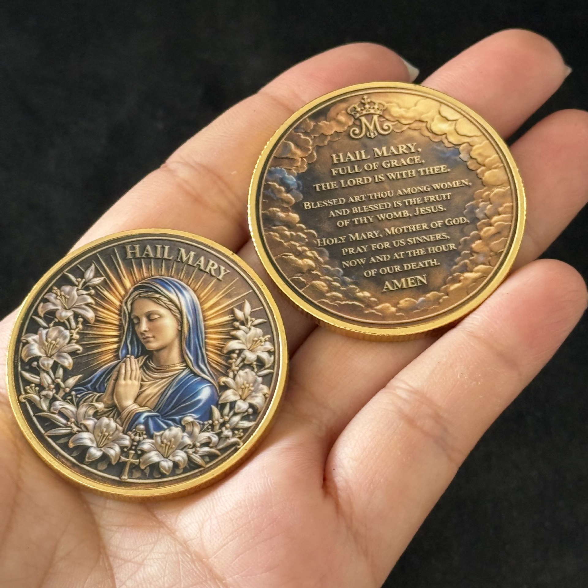 Hail Mary Catholic Prayer Coin – Blessed Virgin Mary & Ave Maria Commemorative Medal