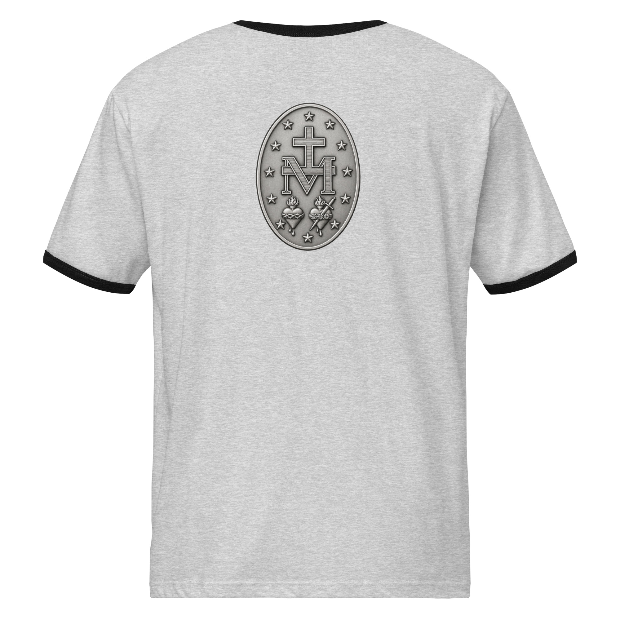Miraculous Medal | Front and Back | Unisex ringer t-shirt - Image 2