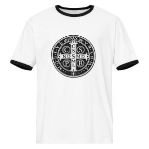 Benedictine Medal Front and Back Design | Unisex ringer t-shirt